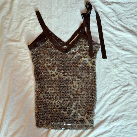 Sold! - Mango Moments Leopard Print Sequined Tie-Strap V-Neck Sheer Tank Top - Picture 1 of 5